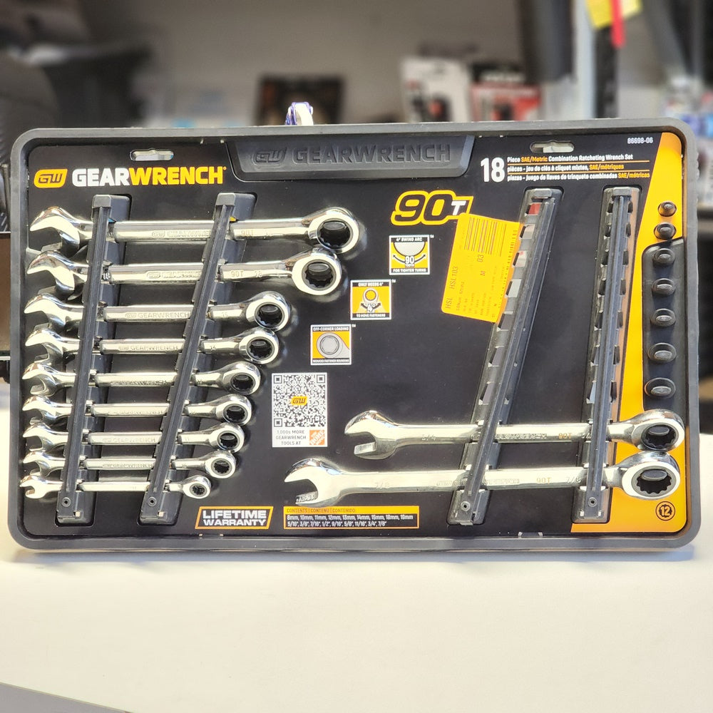 SAE/MM 90-Tooth Pro Combination Ratcheting Wrench Tool Set with Tray (18-Piece) (86698) SAE/MM 90-Tooth Pro Combination Ratcheting Wrench Tool Set with Tray (18-Piece) (86698)
